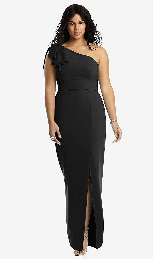 Front View - Black Bowed One-Shoulder Trumpet Gown