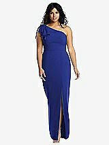 Front View Thumbnail - Cobalt Blue Bowed One-Shoulder Trumpet Gown