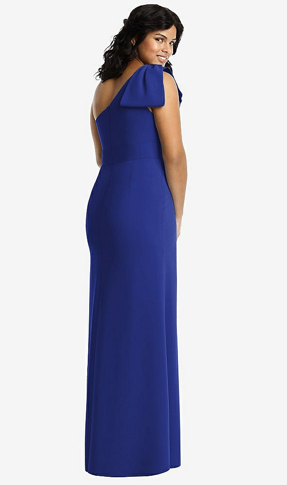 Back View - Cobalt Blue Bowed One-Shoulder Trumpet Gown