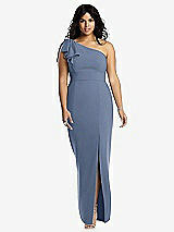 Front View Thumbnail - Larkspur Blue Bowed One-Shoulder Trumpet Gown