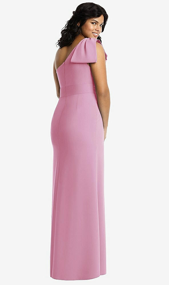 Back View - Powder Pink Bowed One-Shoulder Trumpet Gown