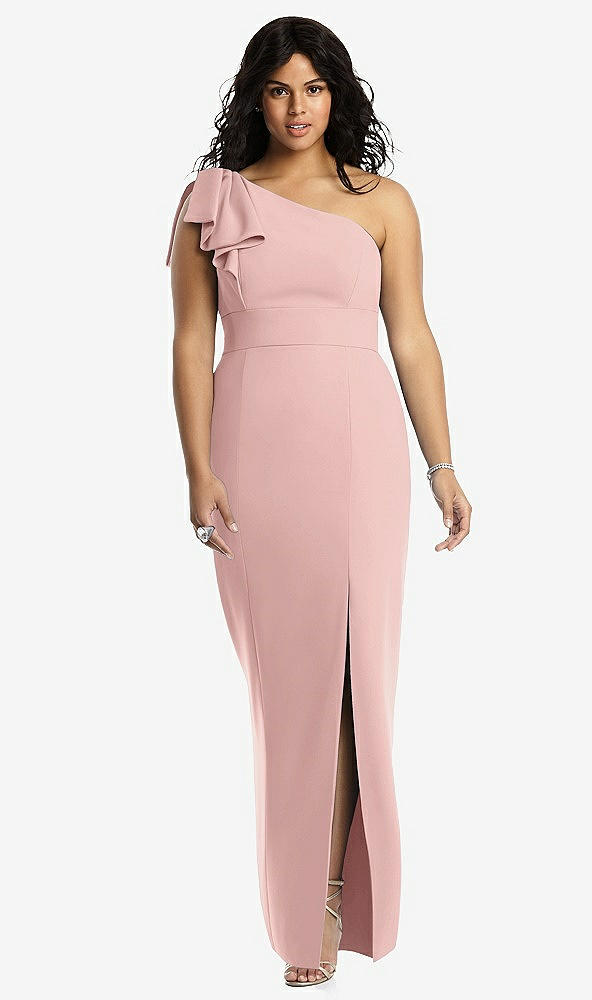 Front View - Rose - PANTONE Rose Quartz Bowed One-Shoulder Trumpet Gown