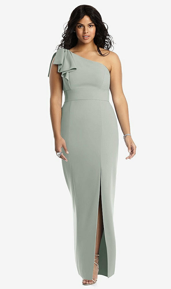 Front View - Willow Green Bowed One-Shoulder Trumpet Gown