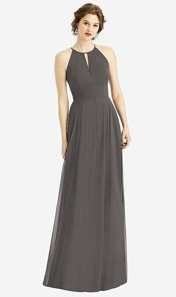 Front View - Caviar Gray Keyhole Halter Chiffon Maxi Dress