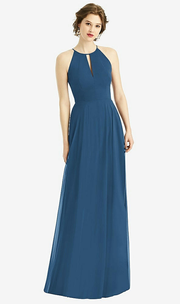 Front View - Dusk Blue Keyhole Halter Chiffon Maxi Dress