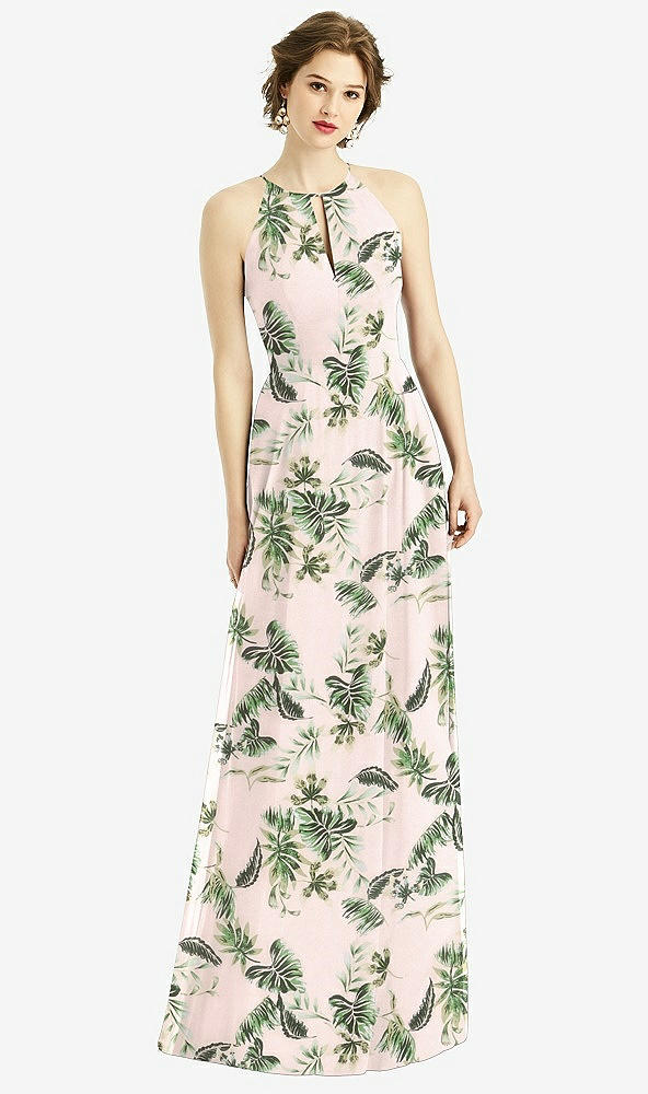 Front View - Palm Beach Print Keyhole Halter Chiffon Maxi Dress