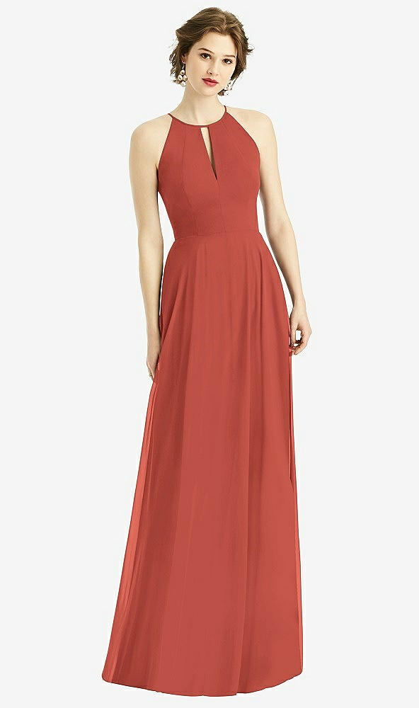 Front View - Amber Sunset Keyhole Halter Chiffon Maxi Dress