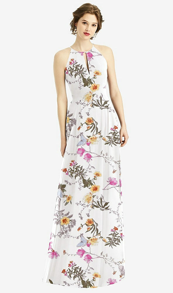 Front View - Butterfly Botanica Ivory Keyhole Halter Chiffon Maxi Dress