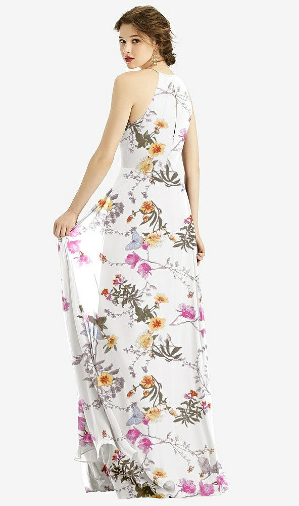 Back View - Butterfly Botanica Ivory Keyhole Halter Chiffon Maxi Dress