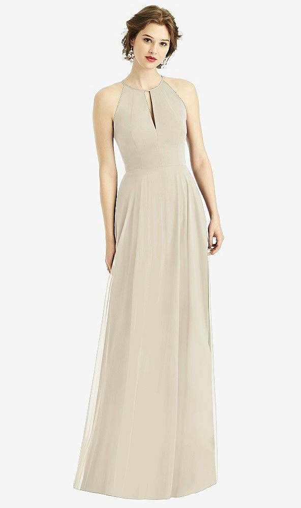 Front View - Champagne Keyhole Halter Chiffon Maxi Dress