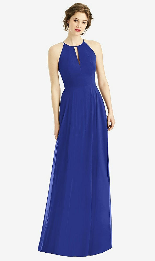 Front View - Cobalt Blue Keyhole Halter Chiffon Maxi Dress