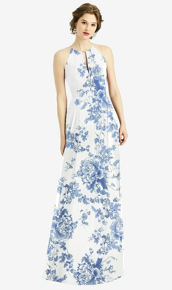 Front View - Cottage Rose Dusk Blue Keyhole Halter Chiffon Maxi Dress