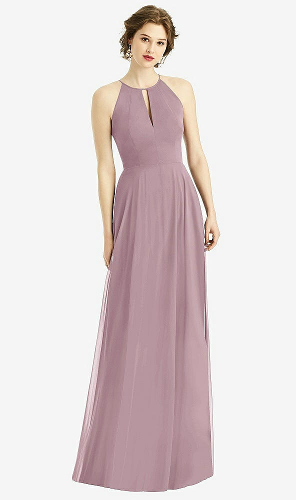 Front View - Dusty Rose Keyhole Halter Chiffon Maxi Dress