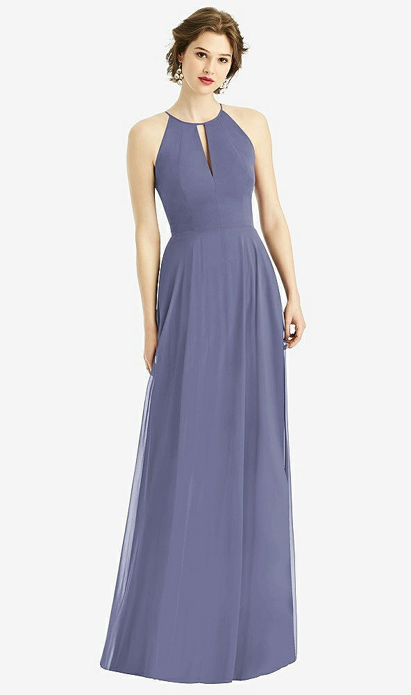 Front View - French Blue Keyhole Halter Chiffon Maxi Dress