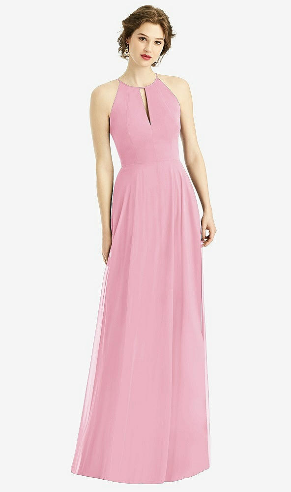 Front View - Peony Pink Keyhole Halter Chiffon Maxi Dress