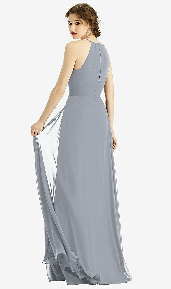 Back View - Platinum Keyhole Halter Chiffon Maxi Dress