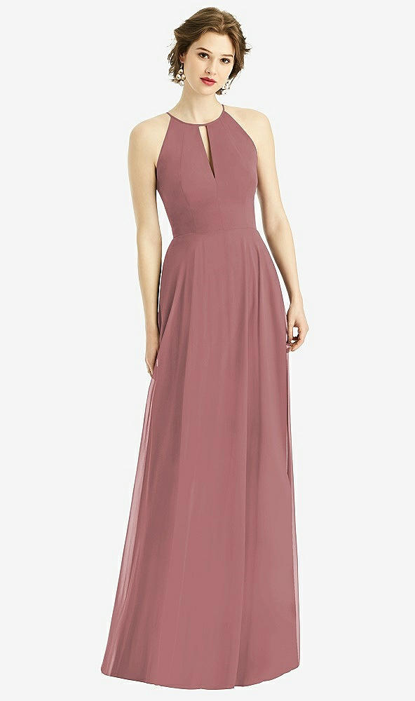 Front View - Rosewood Keyhole Halter Chiffon Maxi Dress