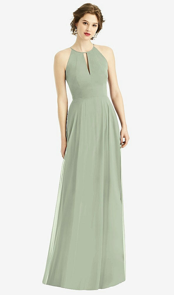 Front View - Sage Keyhole Halter Chiffon Maxi Dress