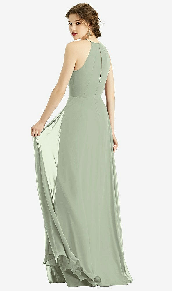 Back View - Sage Keyhole Halter Chiffon Maxi Dress