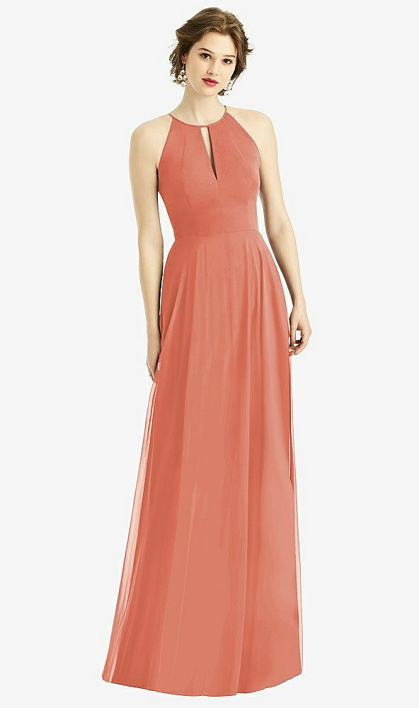 Front View - Terracotta Copper Keyhole Halter Chiffon Maxi Dress