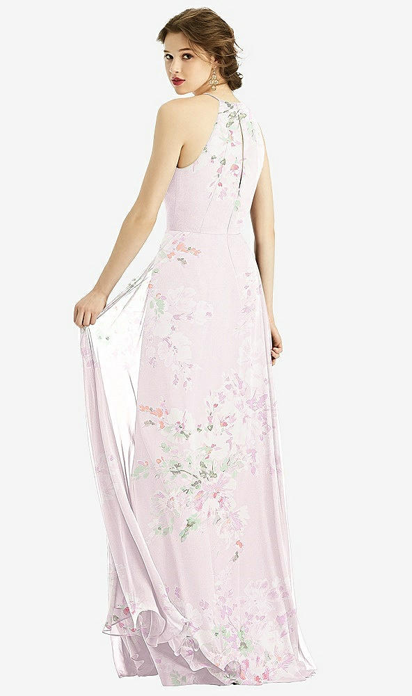 Back View - Watercolor Print Keyhole Halter Chiffon Maxi Dress