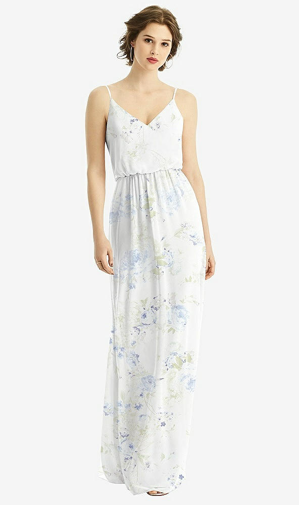 Front View - Bleu Garden V-Neck Blouson Bodice Chiffon Maxi Dress