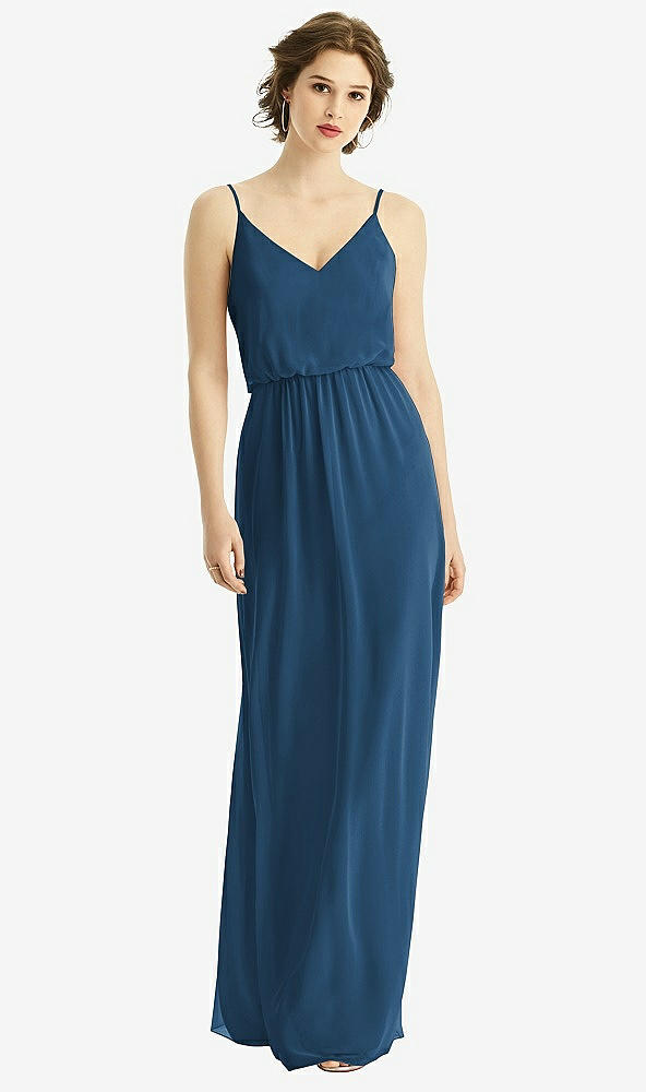 Front View - Dusk Blue V-Neck Blouson Bodice Chiffon Maxi Dress