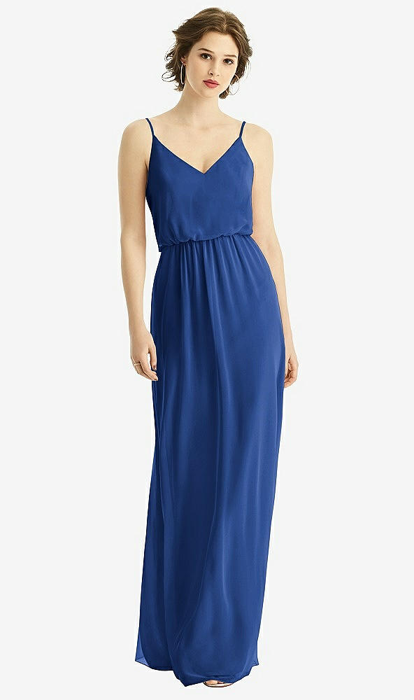 Front View - Classic Blue V-Neck Blouson Bodice Chiffon Maxi Dress