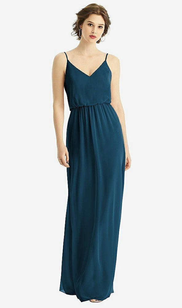 Front View - Atlantic Blue V-Neck Blouson Bodice Chiffon Maxi Dress