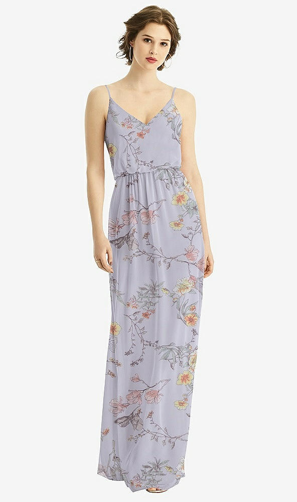 Front View - Butterfly Botanica Silver Dove V-Neck Blouson Bodice Chiffon Maxi Dress