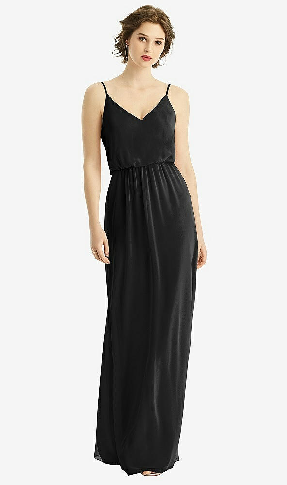 Front View - Black V-Neck Blouson Bodice Chiffon Maxi Dress