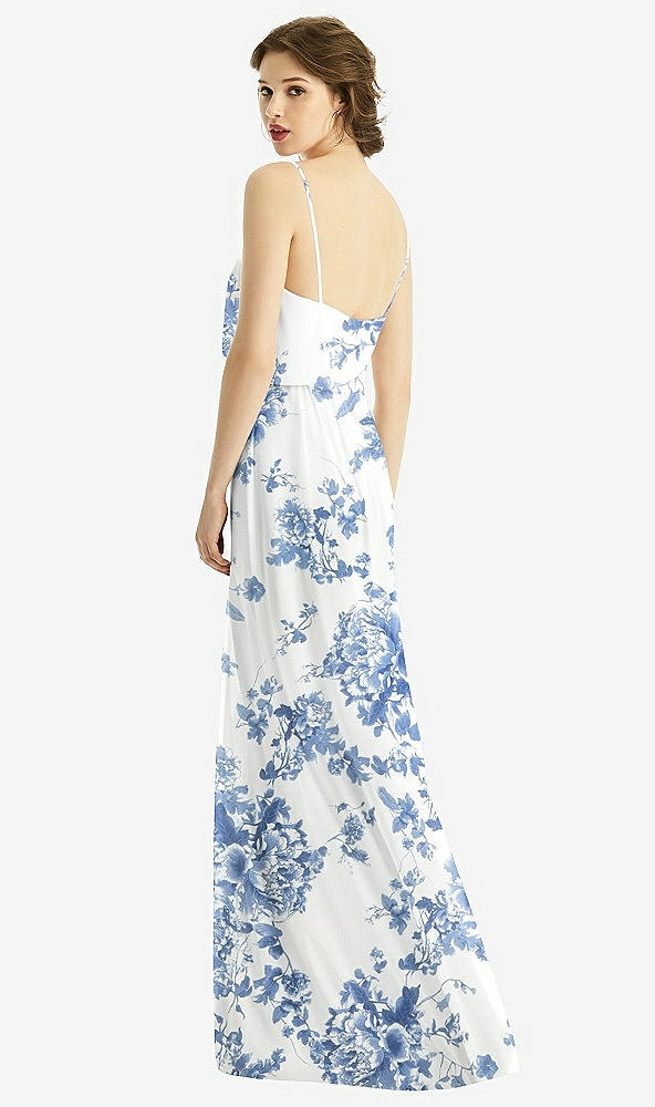 Back View - Cottage Rose Dusk Blue V-Neck Blouson Bodice Chiffon Maxi Dress