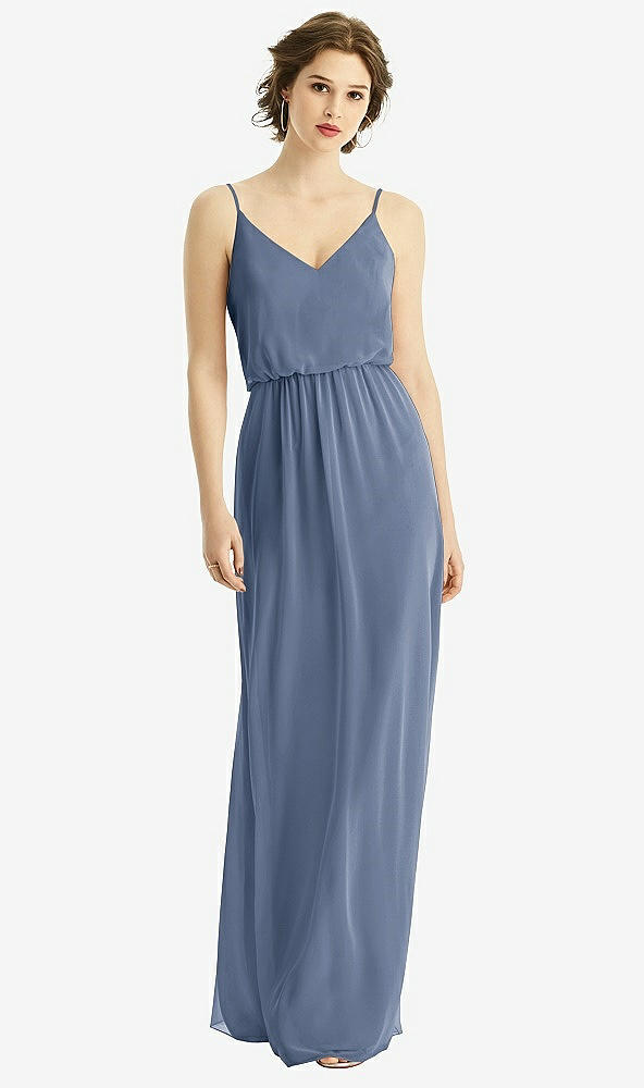 Front View - Larkspur Blue V-Neck Blouson Bodice Chiffon Maxi Dress