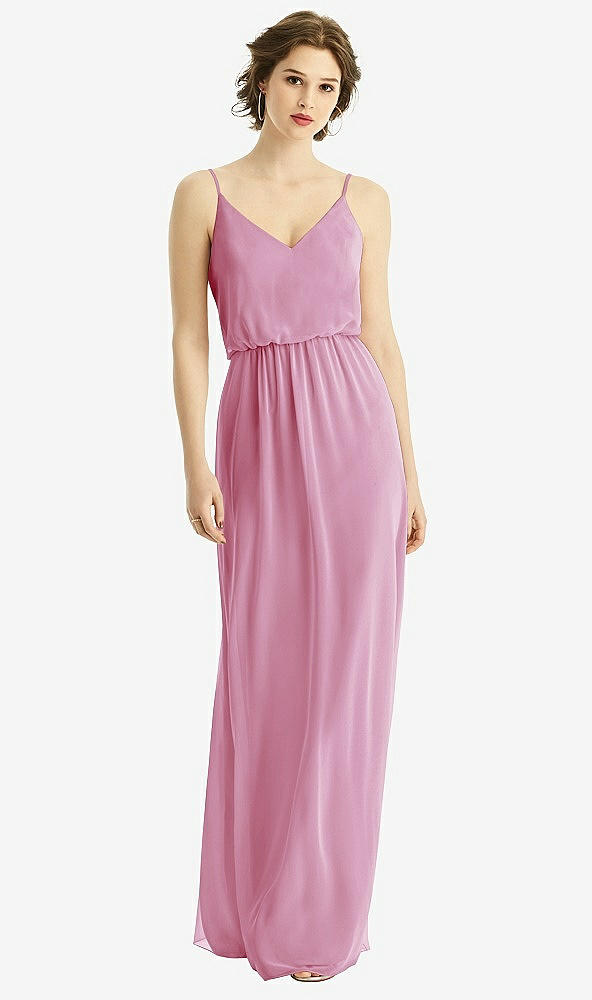 Front View - Powder Pink V-Neck Blouson Bodice Chiffon Maxi Dress