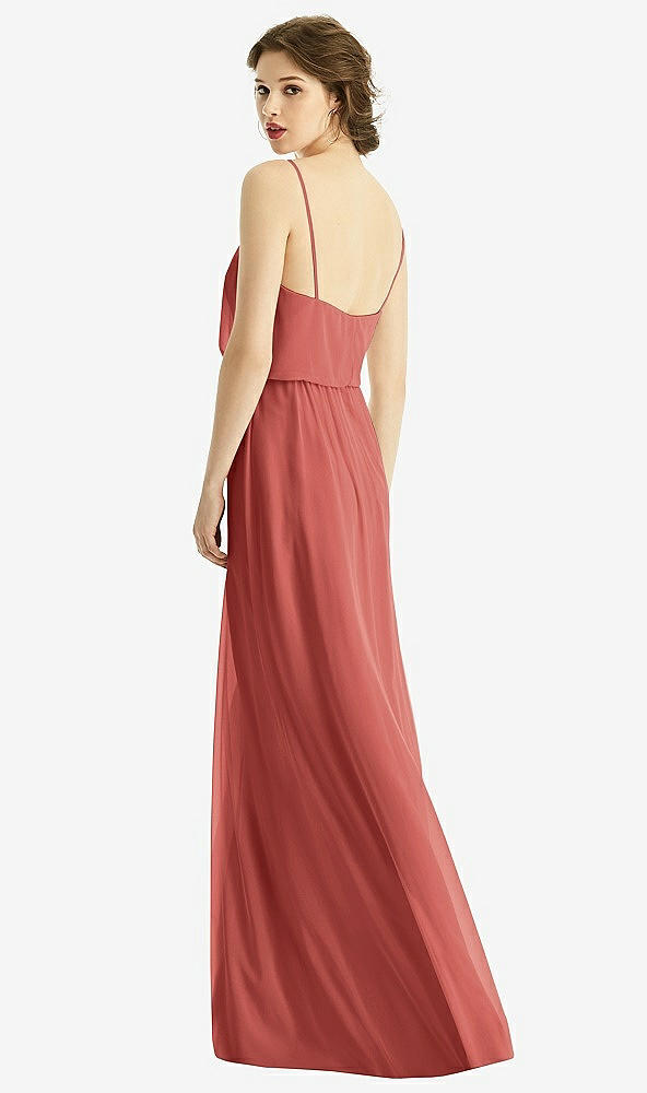 Back View - Coral Pink V-Neck Blouson Bodice Chiffon Maxi Dress