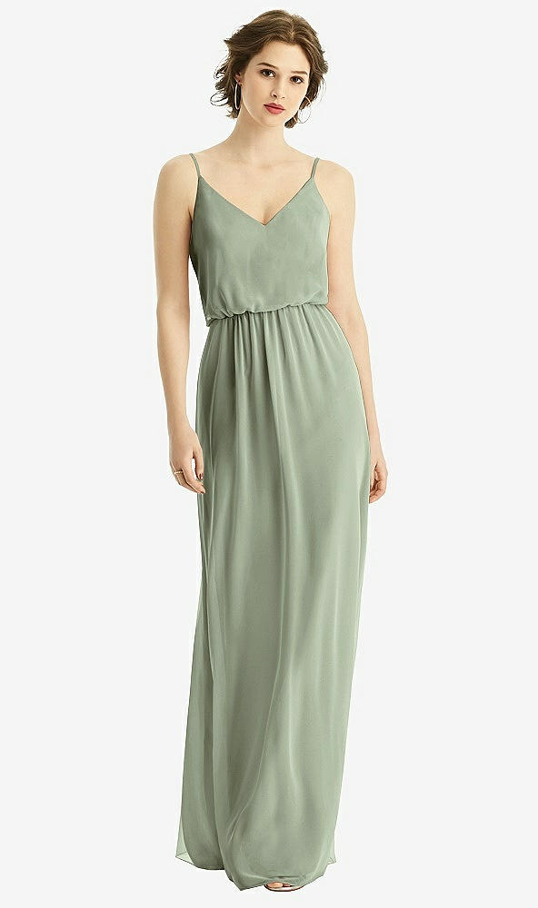 Front View - Sage V-Neck Blouson Bodice Chiffon Maxi Dress