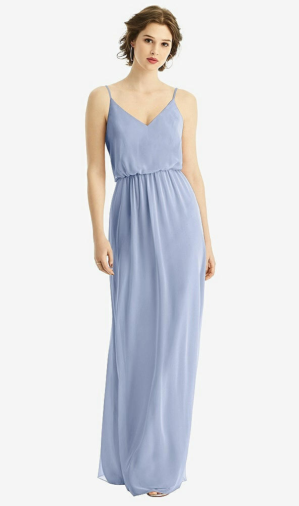 Front View - Sky Blue V-Neck Blouson Bodice Chiffon Maxi Dress