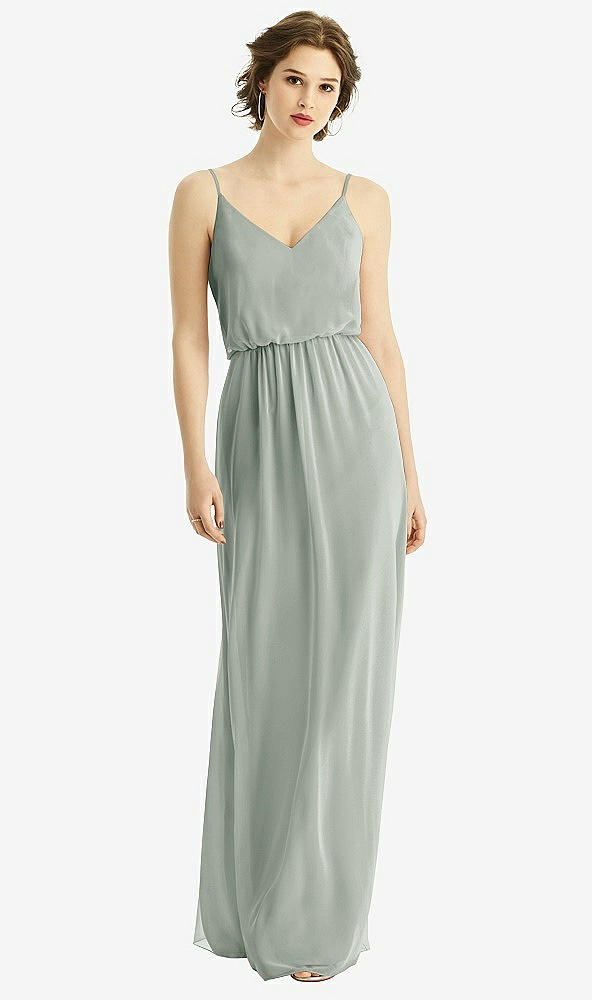 Front View - Willow Green V-Neck Blouson Bodice Chiffon Maxi Dress