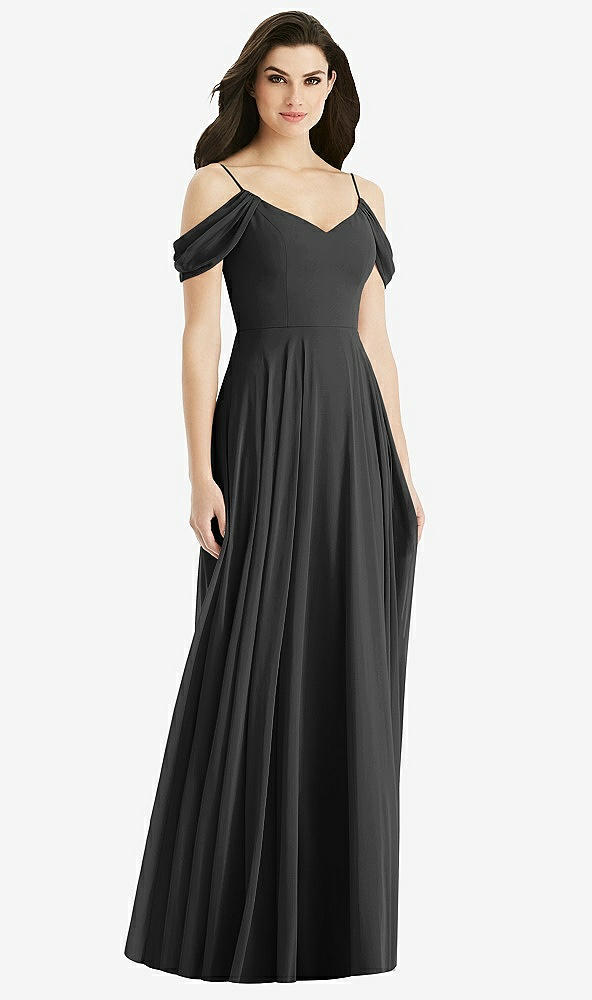 Back View - Black Off-the-Shoulder Open Cowl-Back Maxi Dress