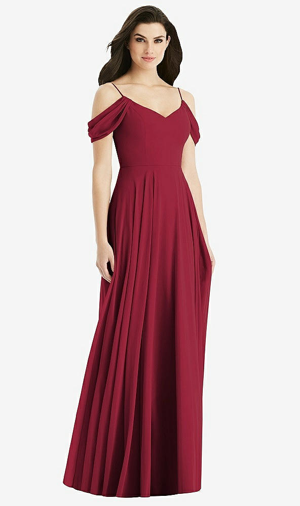 Back View - Burgundy Off-the-Shoulder Open Cowl-Back Maxi Dress