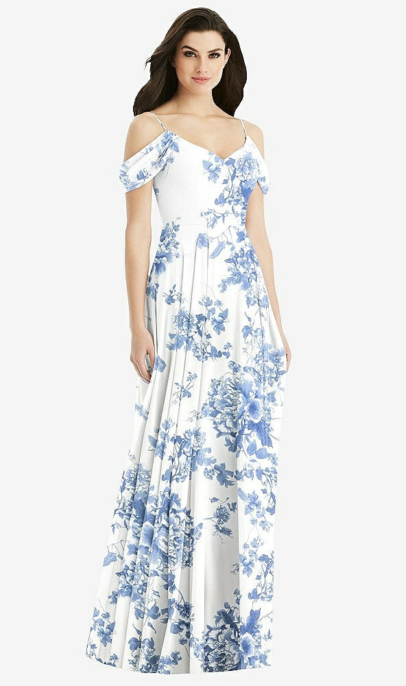 Back View - Cottage Rose Dusk Blue Off-the-Shoulder Open Cowl-Back Maxi Dress