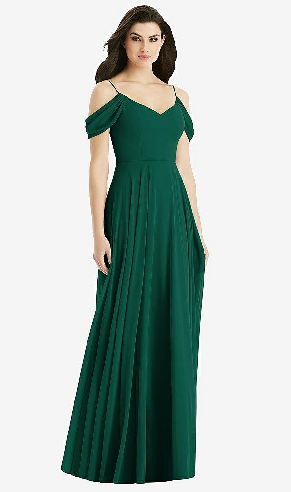 Back View - Hunter Green Off-the-Shoulder Open Cowl-Back Maxi Dress