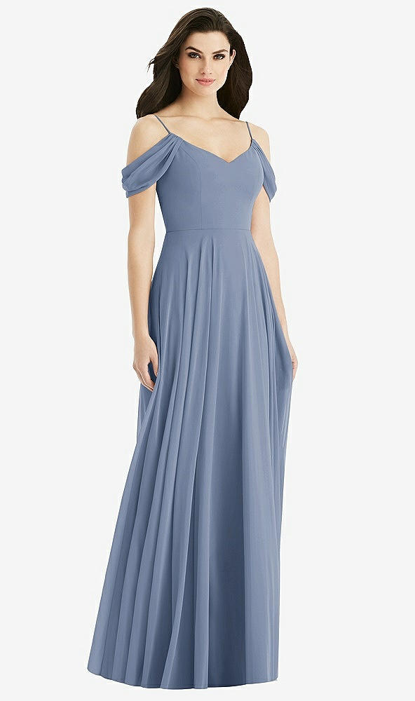 Back View - Larkspur Blue Off-the-Shoulder Open Cowl-Back Maxi Dress