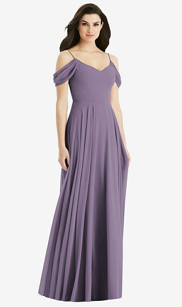 Back View - Lavender Off-the-Shoulder Open Cowl-Back Maxi Dress