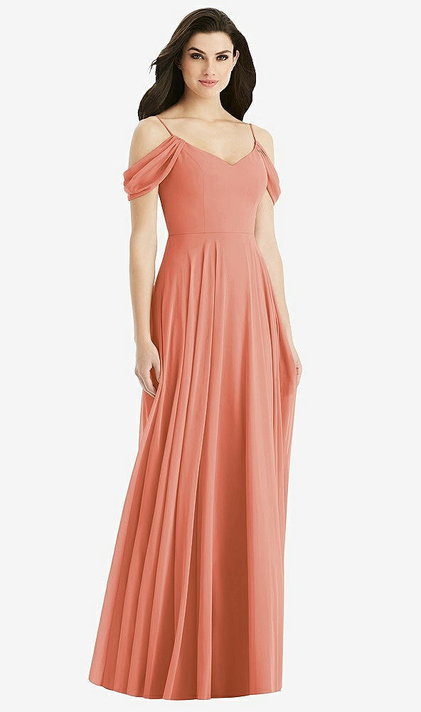 Back View - Terracotta Copper Off-the-Shoulder Open Cowl-Back Maxi Dress