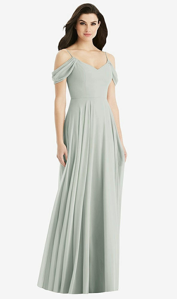 Back View - Willow Green Off-the-Shoulder Open Cowl-Back Maxi Dress