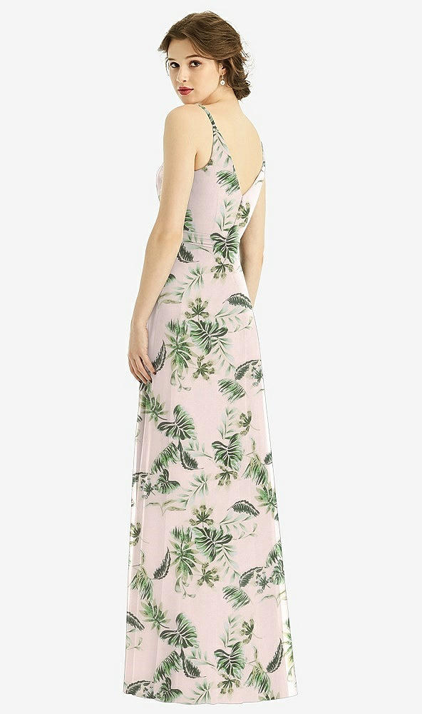 Back View - Palm Beach Print Draped Wrap Chiffon Maxi Dress with Sash