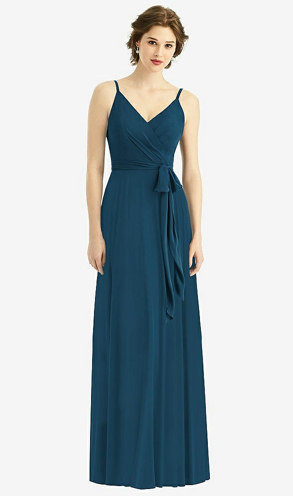 Front View - Atlantic Blue Draped Wrap Chiffon Maxi Dress with Sash