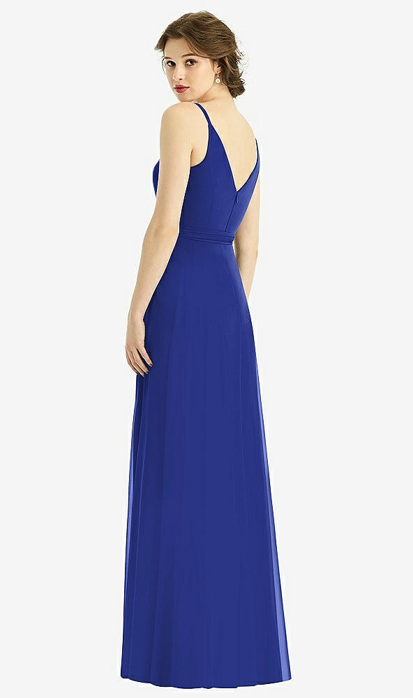 Back View - Cobalt Blue Draped Wrap Chiffon Maxi Dress with Sash