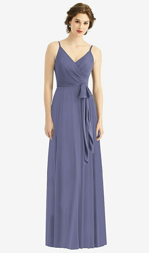 Front View - French Blue Draped Wrap Chiffon Maxi Dress with Sash